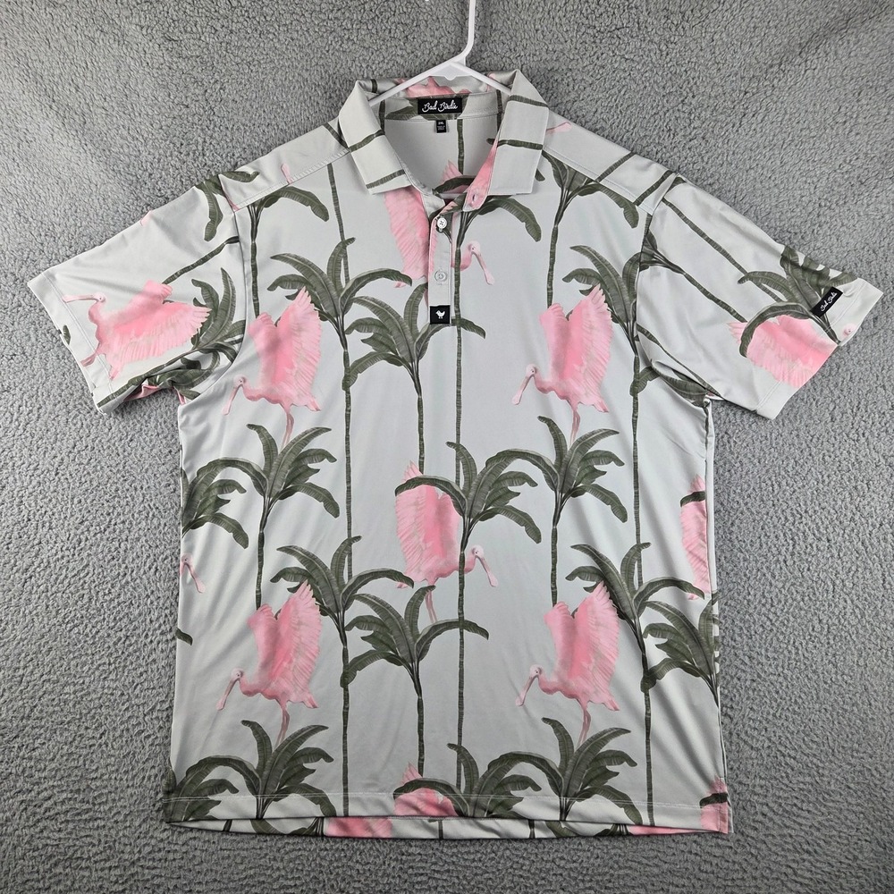Bad Birdie Polo Shirt Mens 2XL Pink Green Flamingo‎ Spoonbill Golf Performance
